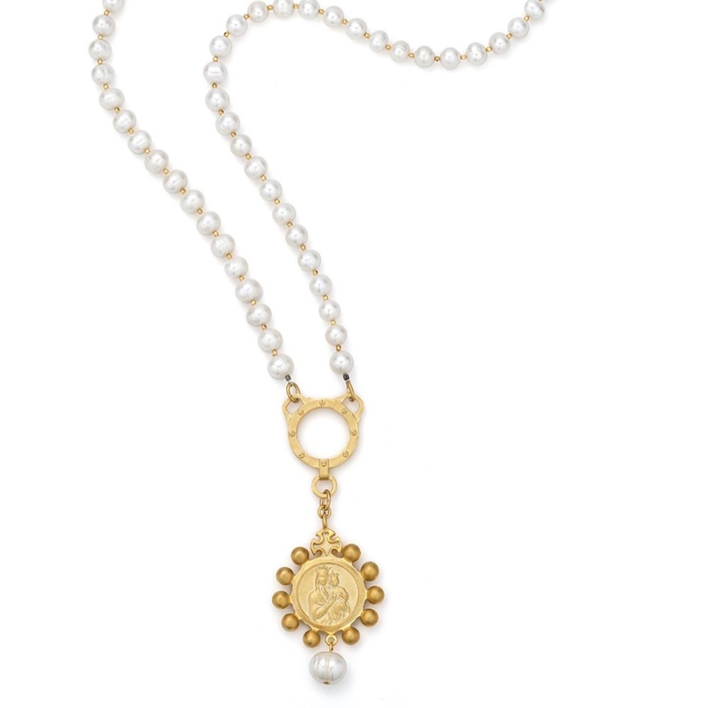FRENCH KANDE LONG PEARL MEDALLION NECKLACE